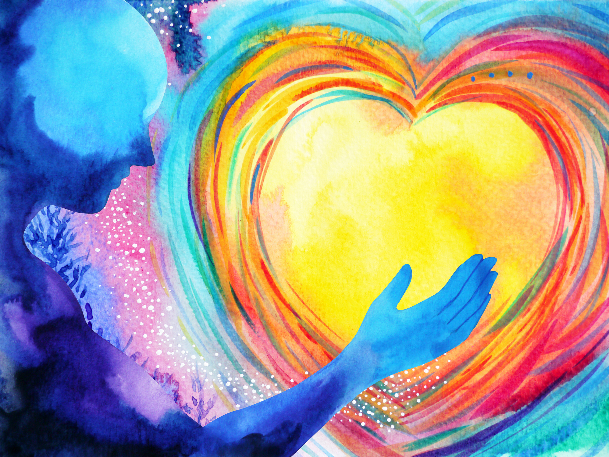 Vibrant illustration of figure holding heart in outstretched hands